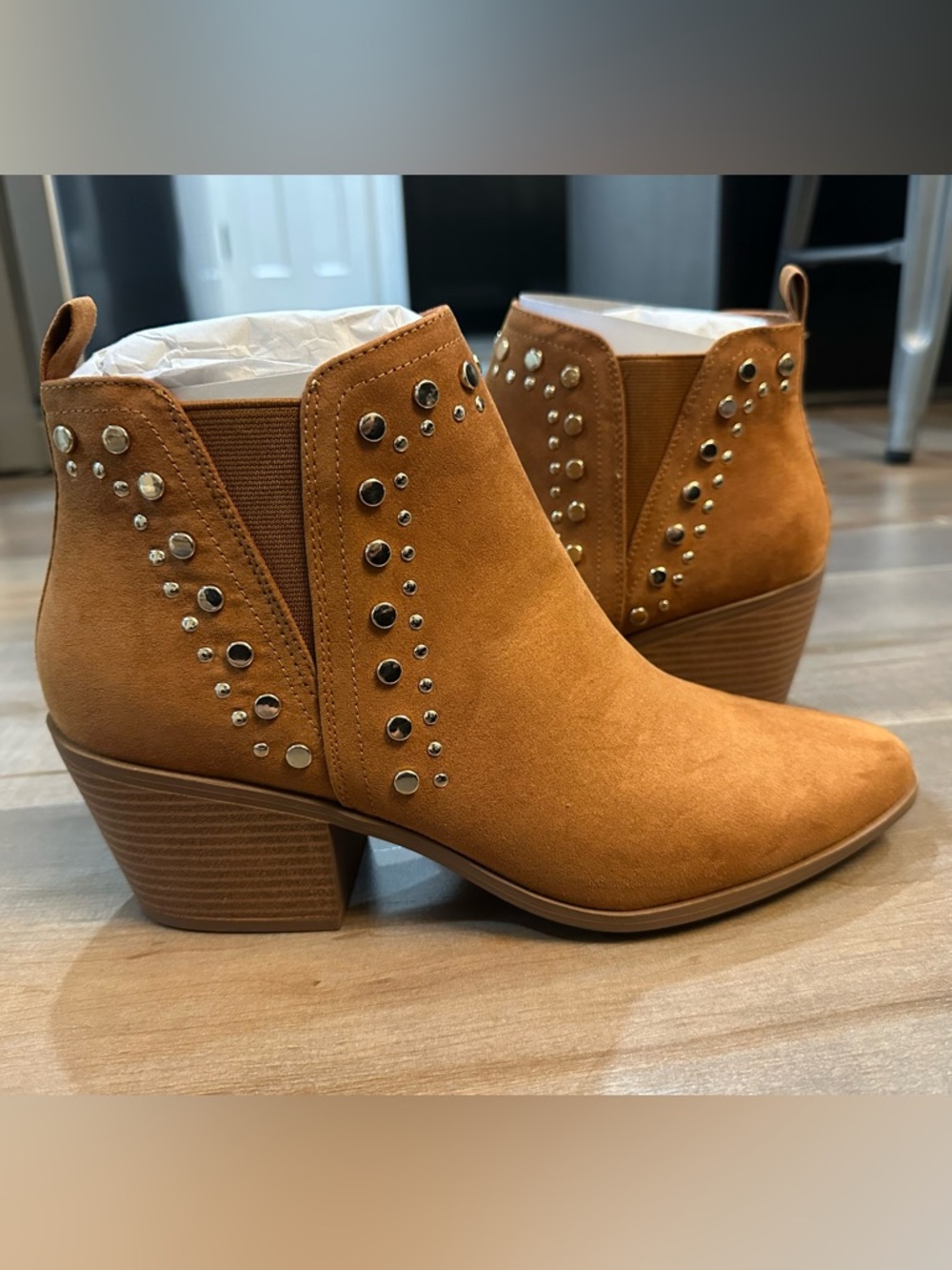 JustFab Tan Suede Studded Ankle Booties